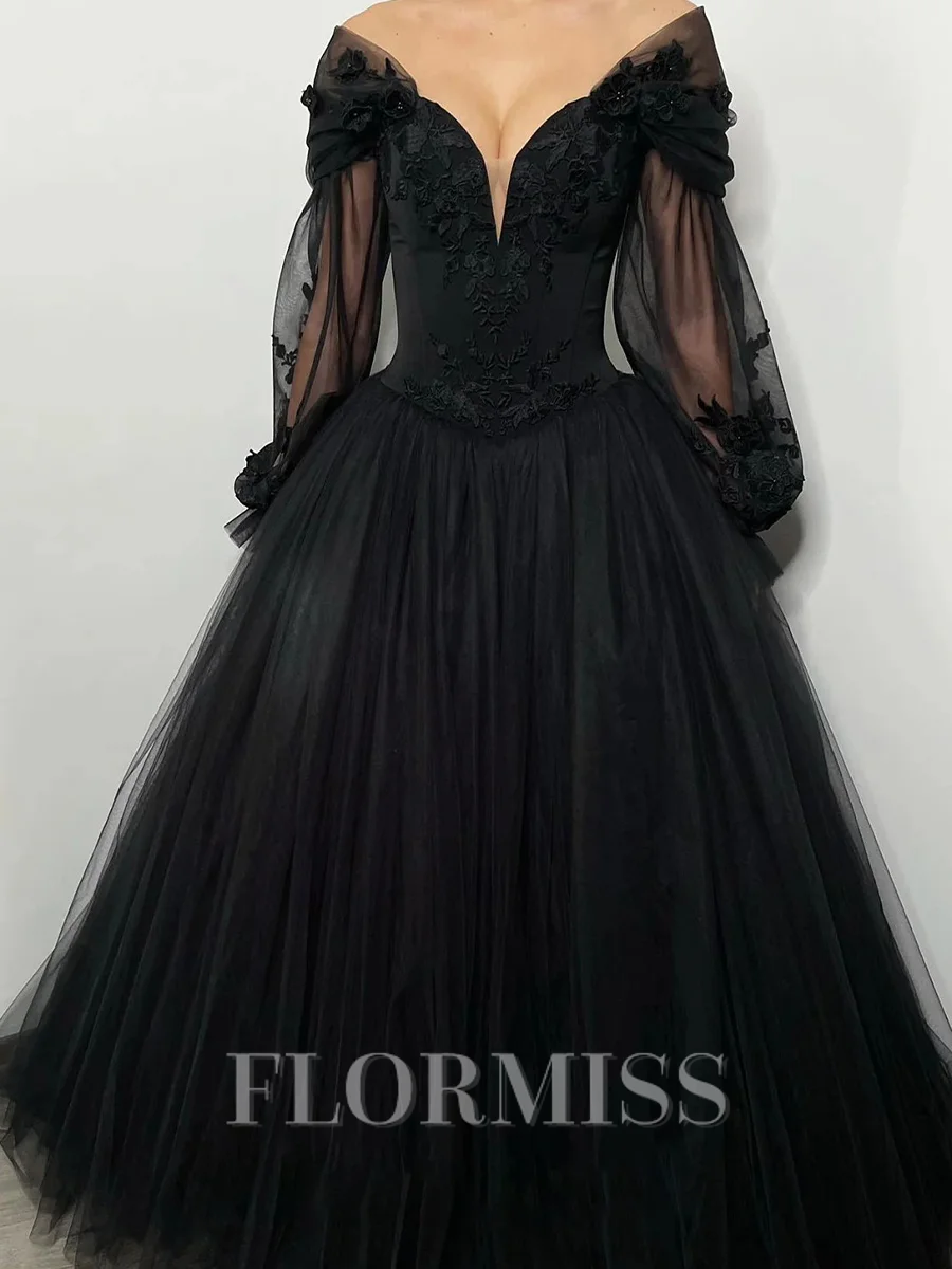 A-line V-neck Long Sleeves Flower Chapel Train Tulle Corset Prom Dress