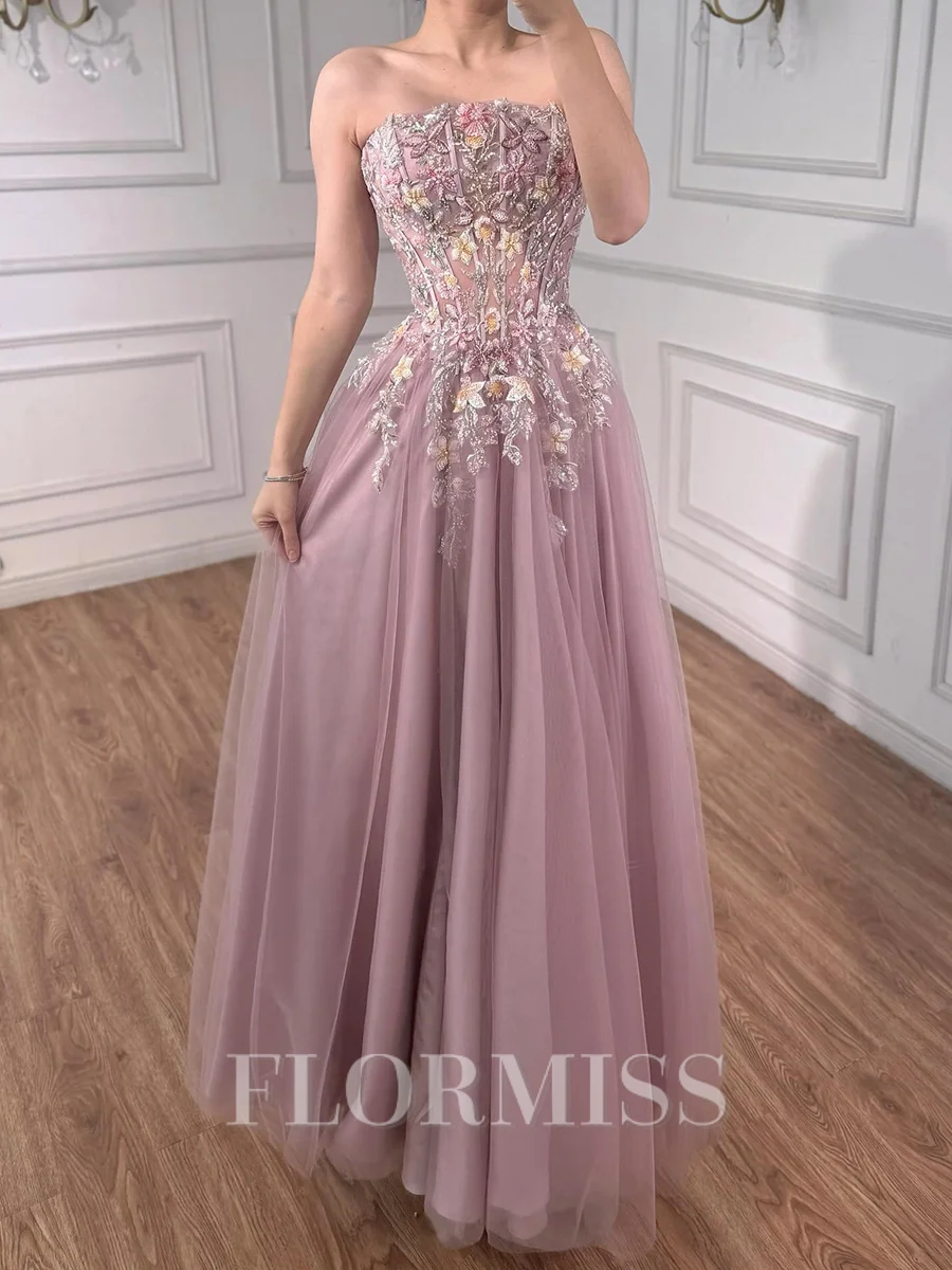 A-line Straight Appliques Lace Floor-Length Tulle Corset Prom Dress