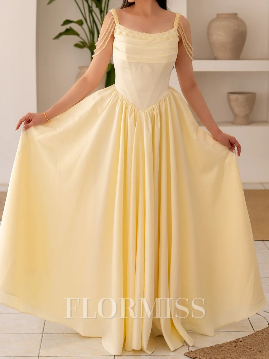 A-line Spaghetti Straps Ruffles Floor-Length Silk Like Satin Corset Prom Dress