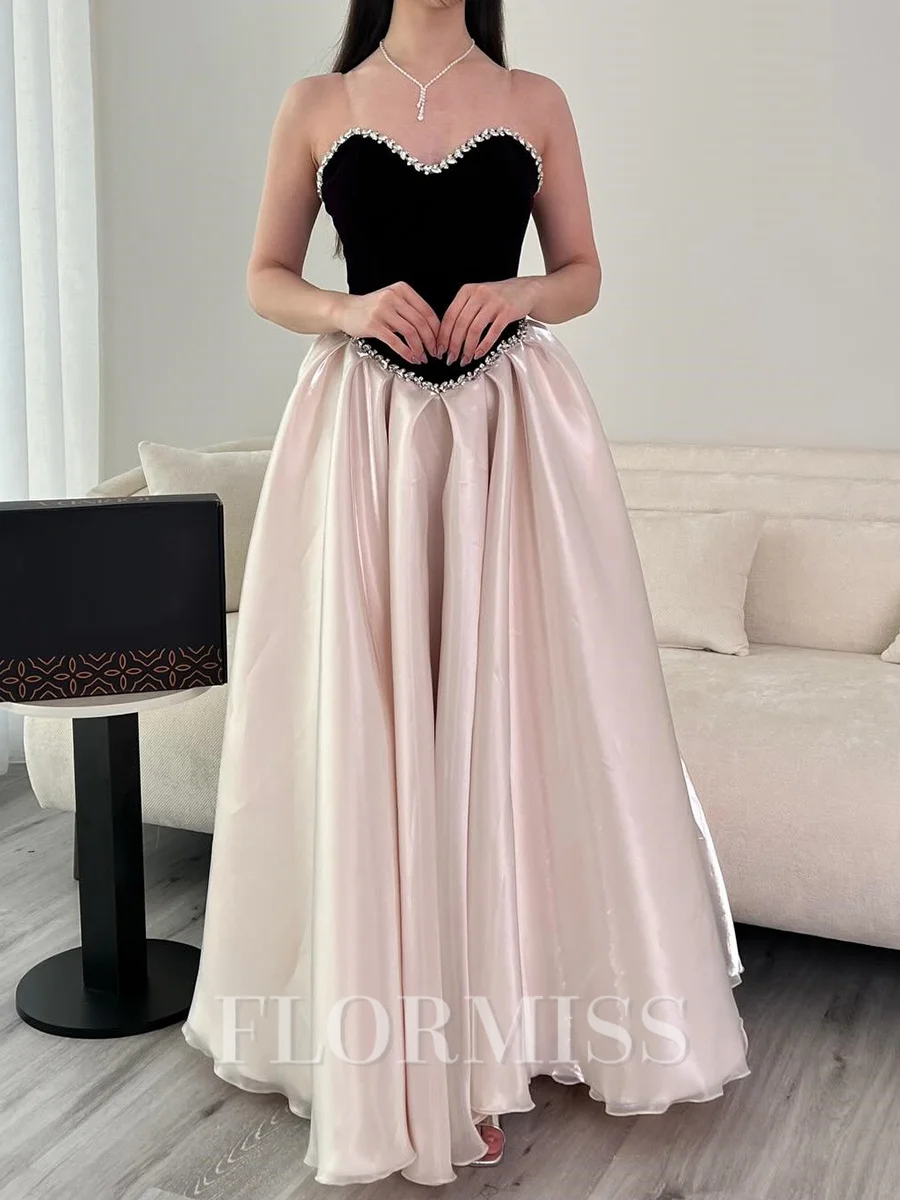 A-line Sweetheart Rhinestone Floor-Length Satin Corset Prom Dress
