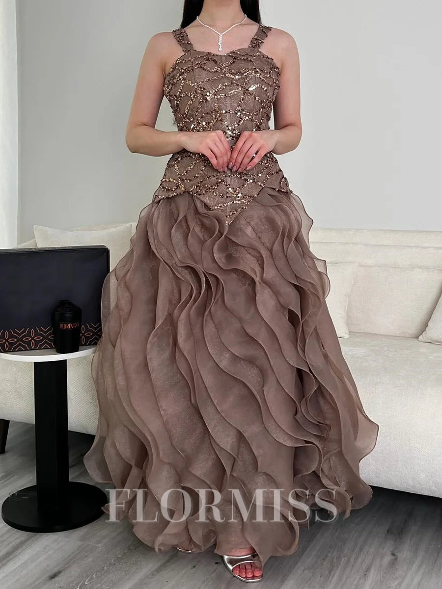 A-line Straps Sequin Floor-Length Tulle Corset Prom Dress