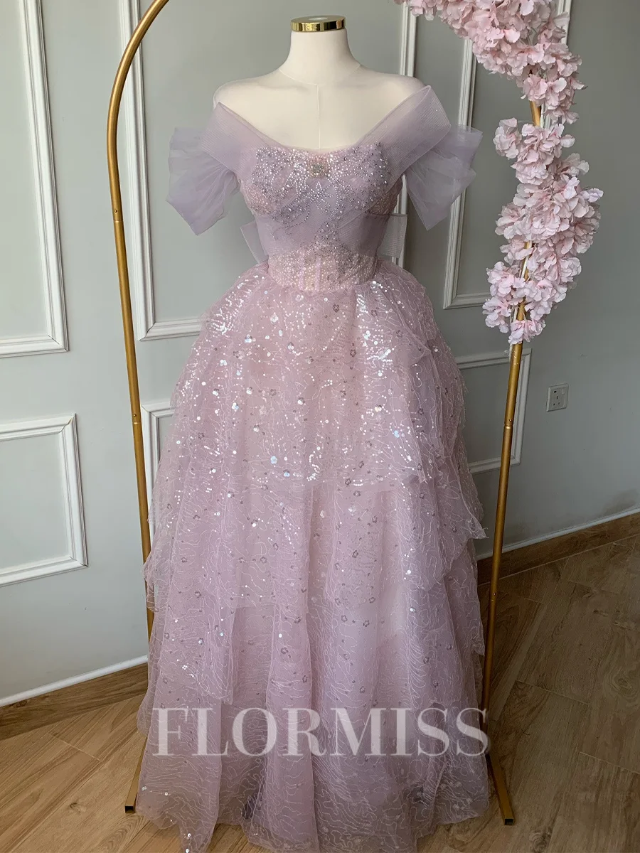 A-line Off-the-Shoulder Sequin Floor-Length Corset Prom Dress