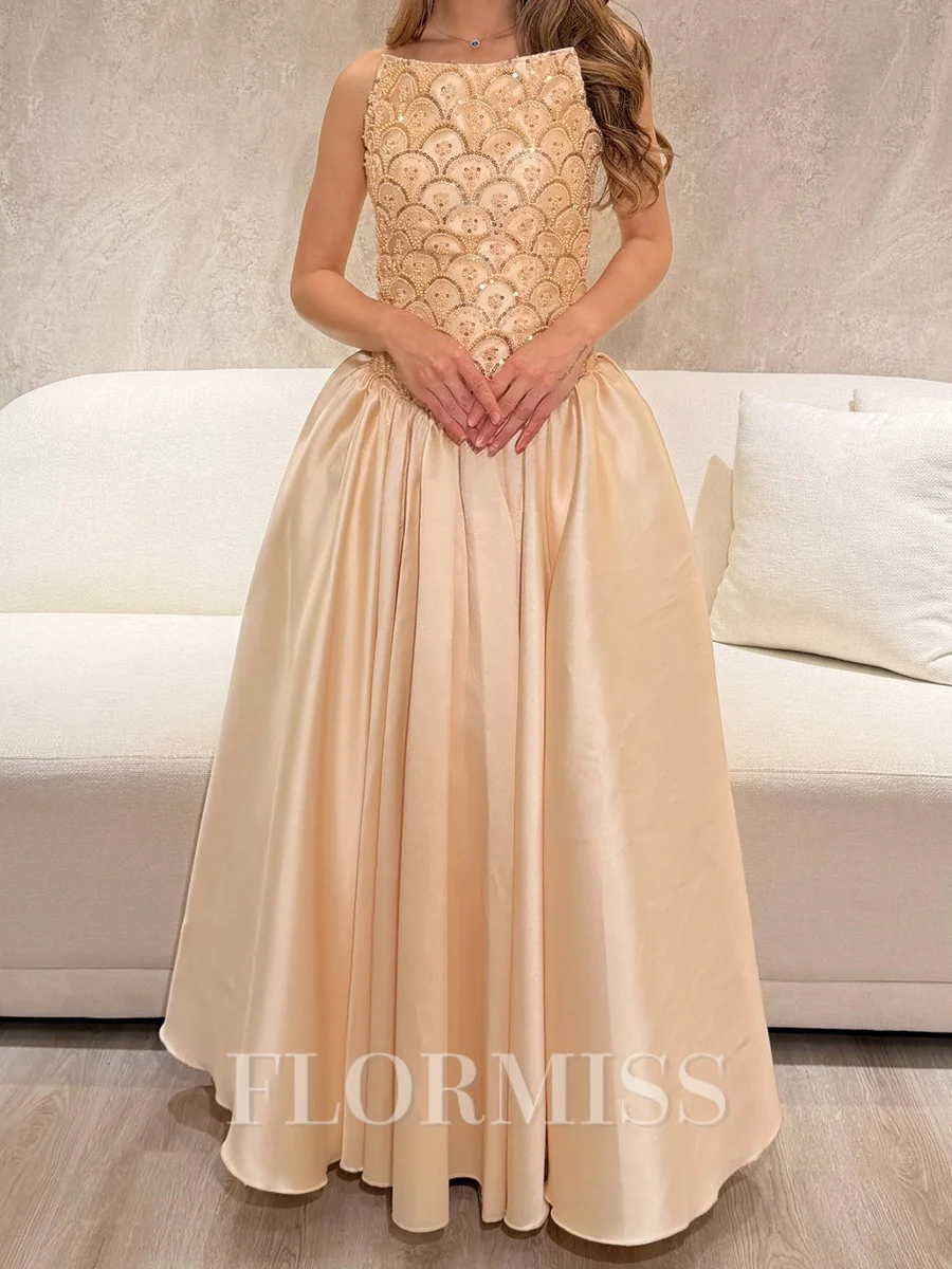 A-line Straight Sequin Floor-Length Satin Corset Prom Dress