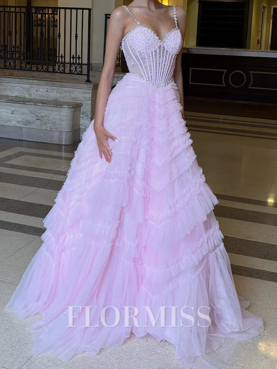 A-line Spaghetti Straps Cascading Ruffles Sweep Train Tulle Corset Prom Dress