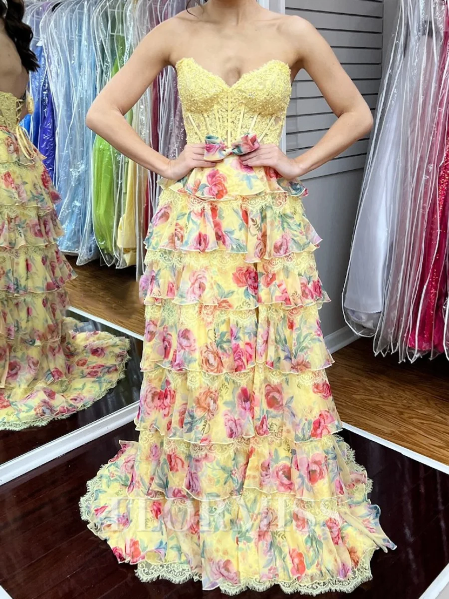 A-line Sweetheart Cascading Ruffles Sweep Train Lace Corset Prom Dress