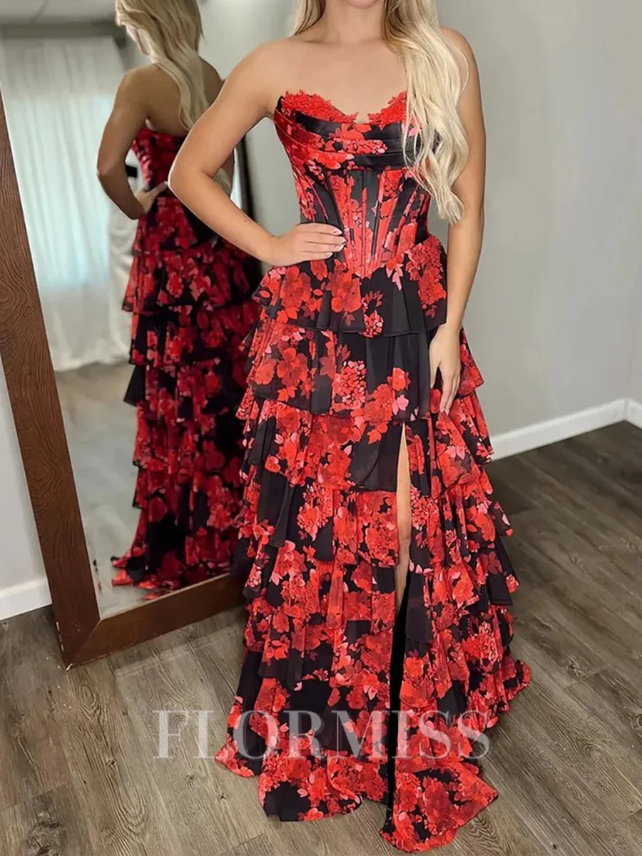 A-line Sweetheart Cascading Ruffles Floor-Length Chiffon Corset Prom Dress