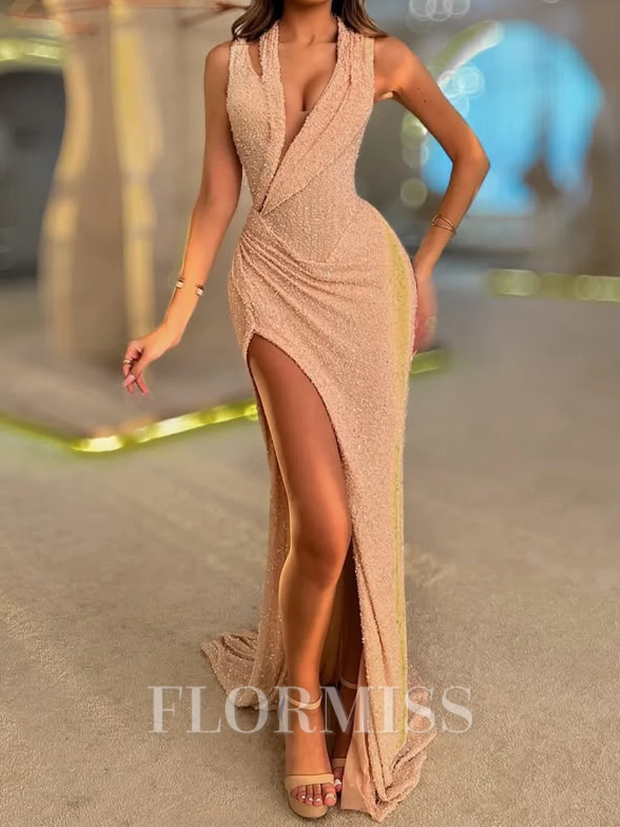 Sheath V-neck Pleated Chapel Train Prom Dress