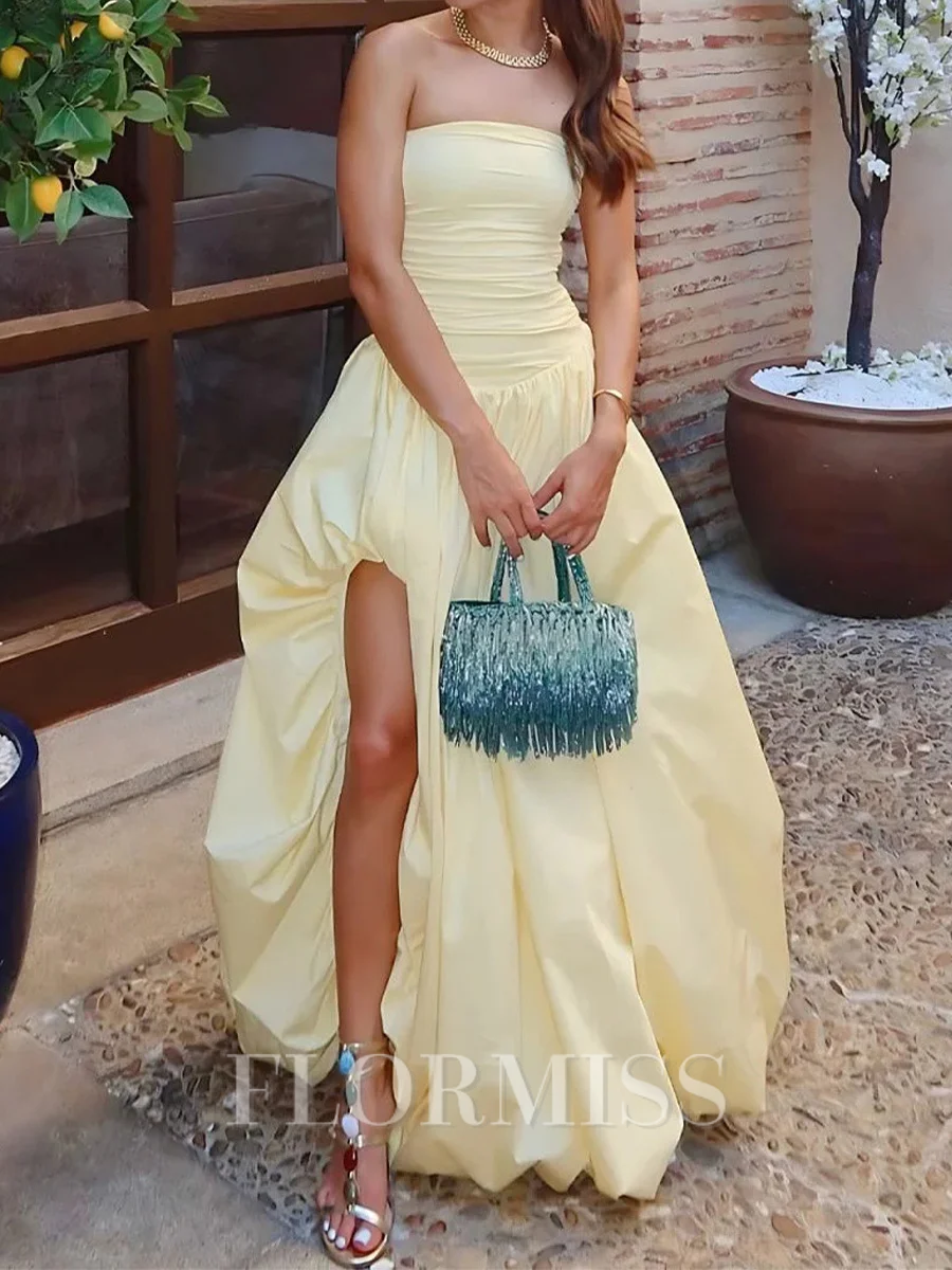 A-line Straight Pleated Floor-Length Satin Prom Dress