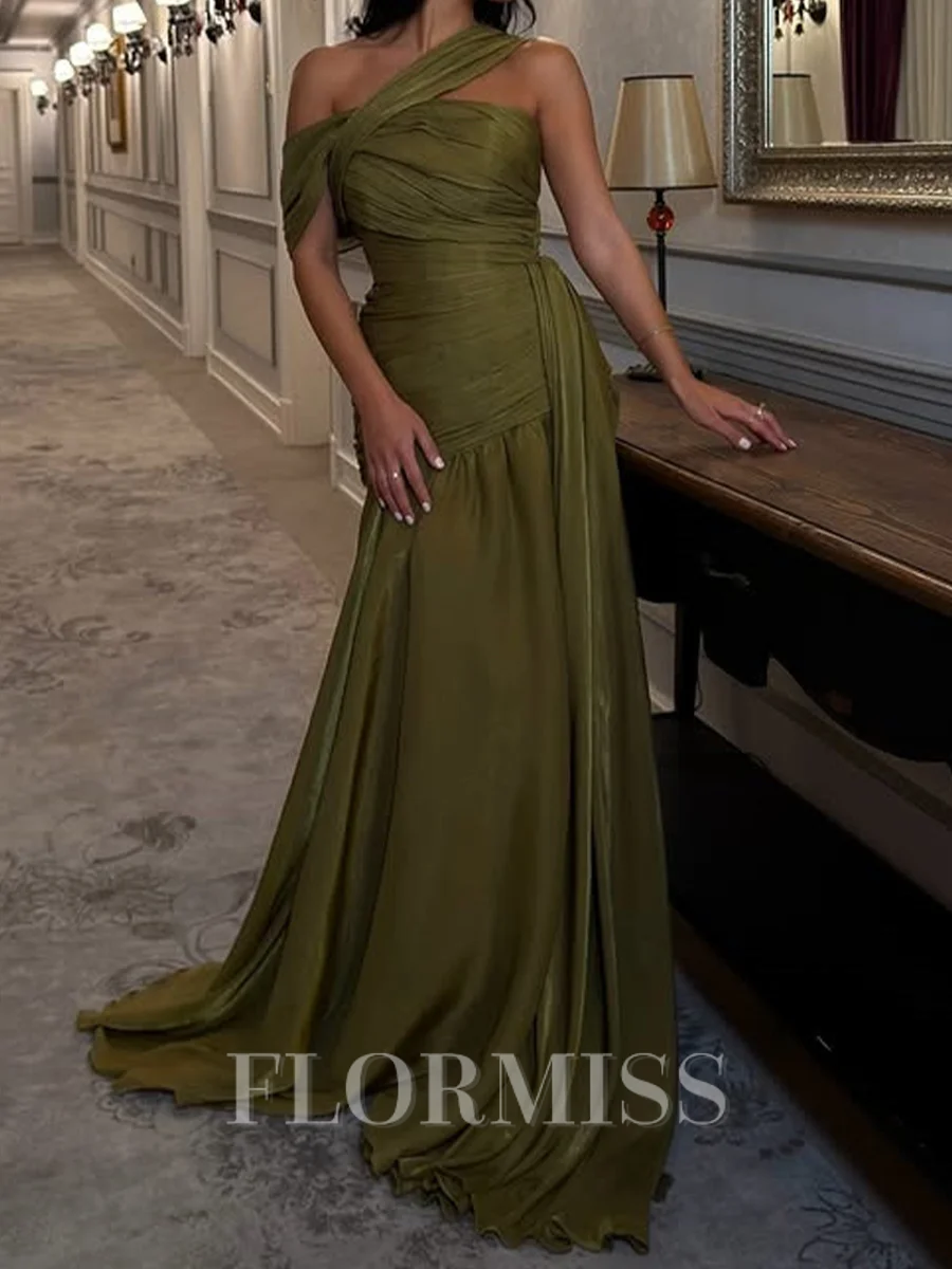 A-line One-Shoulder Pleated Sweep Train Corset Prom Dress