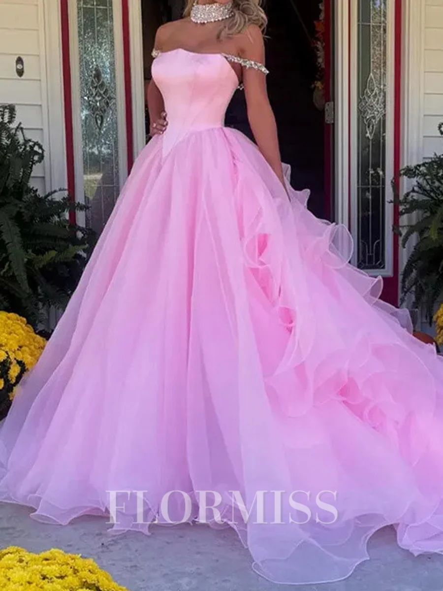 A-line Off-the-Shoulder Ruffles Cathedral Train Tulle Corset Prom Dress