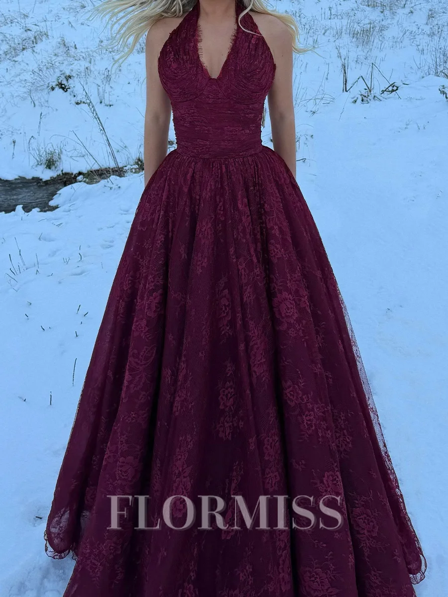 A-line Halter Appliques Lace Floor-Length Tulle Corset Prom Dress