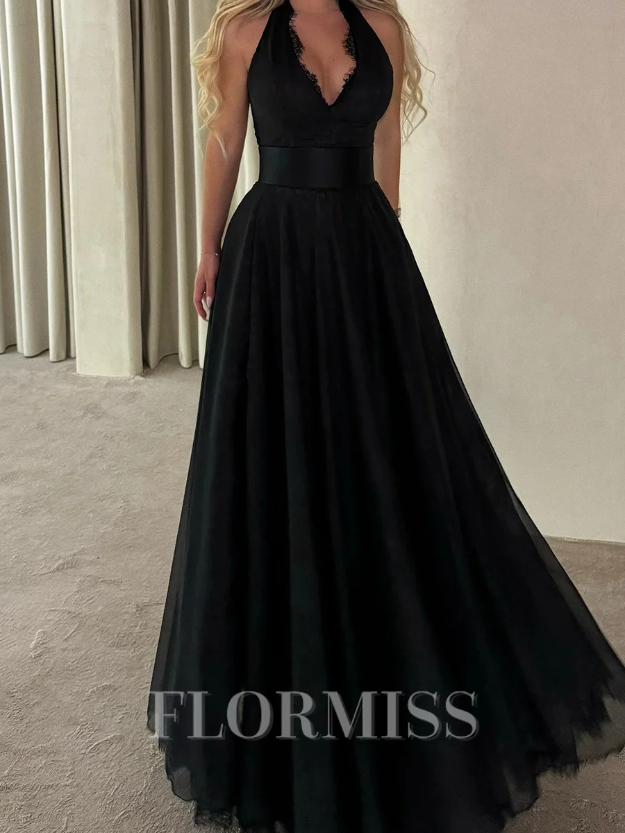A-line Halter Appliques Lace Floor-Length Satin Corset Prom Dress