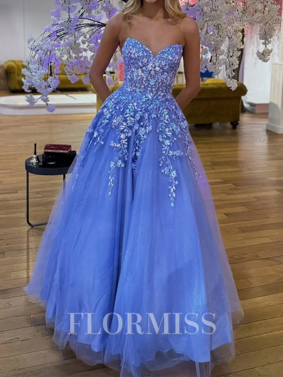 A-line Sweetheart Appliques Lace Floor-Length Tulle Corset Prom Dress