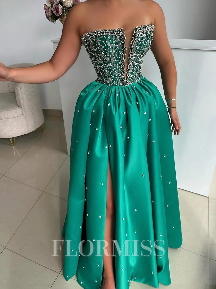 A-line Straight Rhinestone Floor-Length Satin Corset Prom Dress
