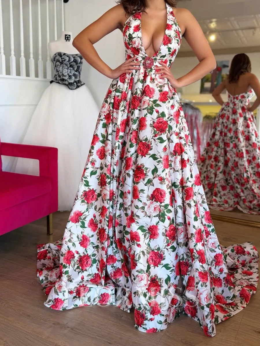 A-line V-neck Ruffles Floor-Length Silk Like Satin Prom Dress