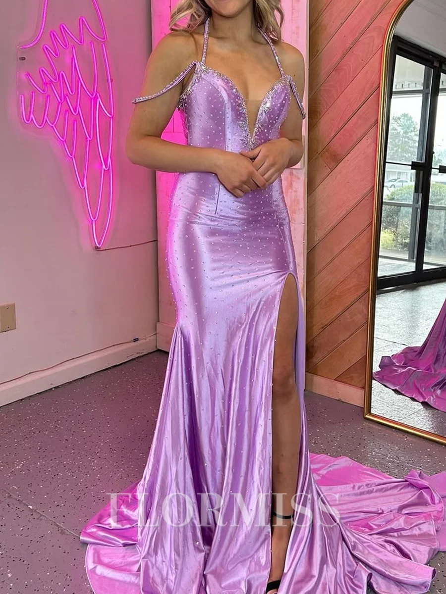 Sheath Halter Beading Court Train Prom Dress