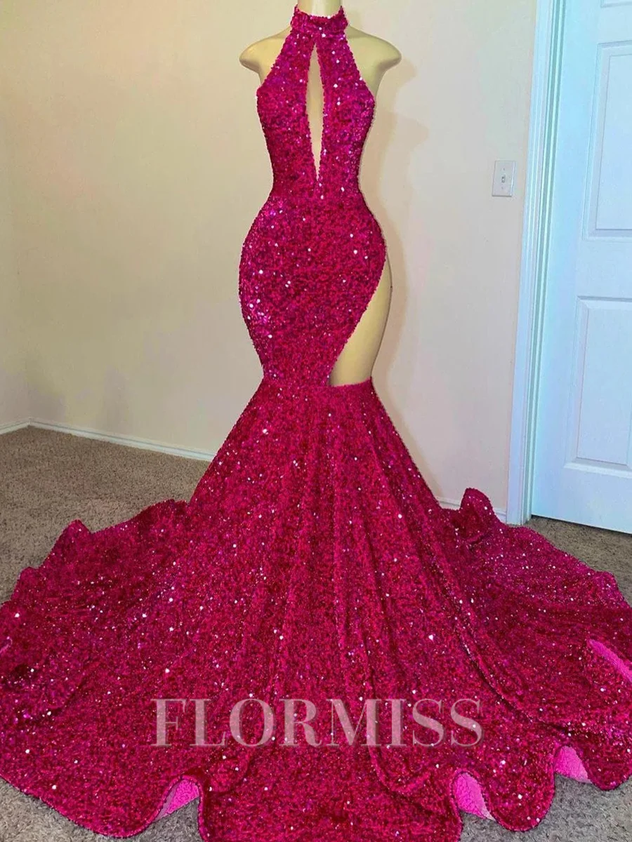 Mermaid High Neck Sequin Sweep Train Velvet Sequins Prom Dress