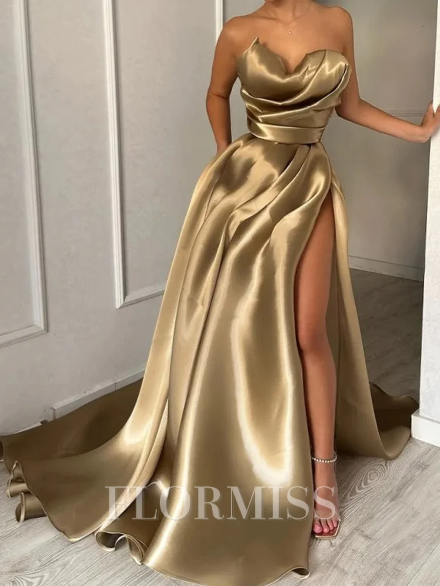 A-line Sweetheart Pleated Sweep Train Satin Corset Prom Dress