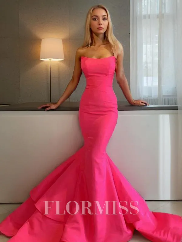 Trumpet/Mermaid Strapless Sweep Train Satin Prom Dress With Ruffles
