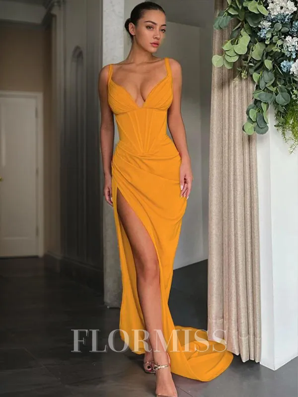 Sheath/Column V-neck Sweep Train Stretch Crepe Prom Dress With Leg Slit