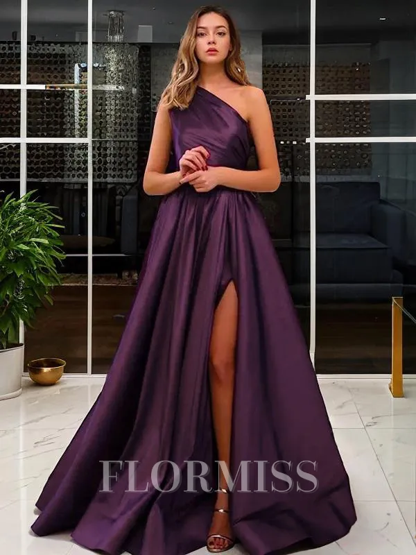 A-Line/Princess One-Shoulder Sweep Train Satin Prom Dress With Leg Slit