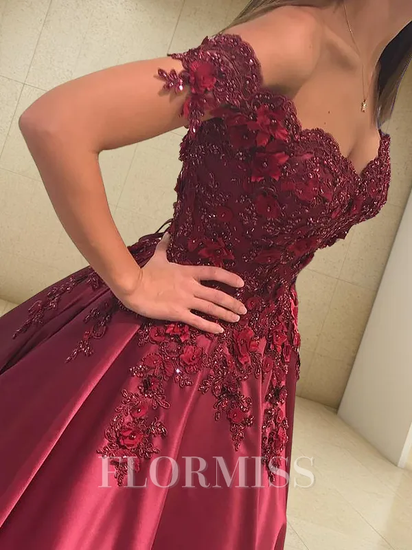 Ball Gown Off-the-Shoulder Floor-Length Satin Prom Dress With Appliques Lace