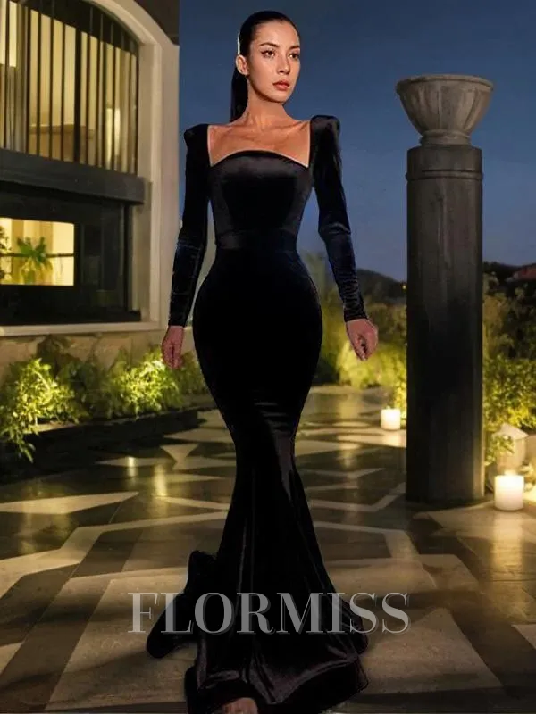 Sheath/Column Square Sweep Train Velvet Prom Dress With Ruffles