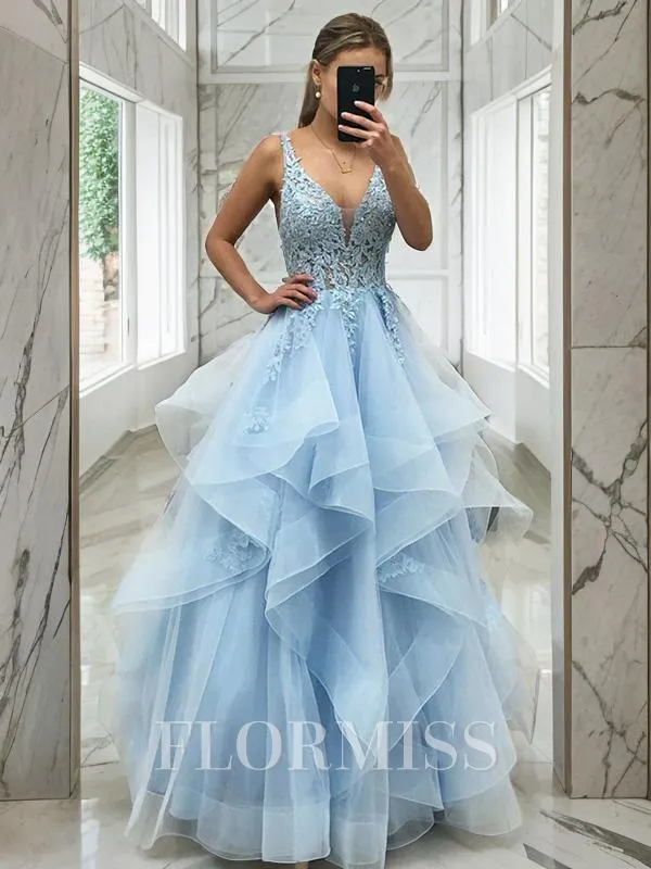 A-Line/Princess V-neck Floor-Length Tulle Prom Dress
