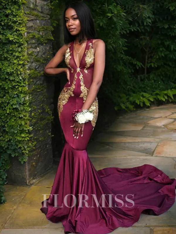 Trumpet/Mermaid V-neck Chapel Train Silk like Satin Prom Dress