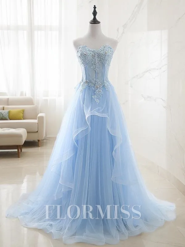 A-Line/Princess Sweetheart Sweep Train Tulle Prom Dress With Appliques Lace