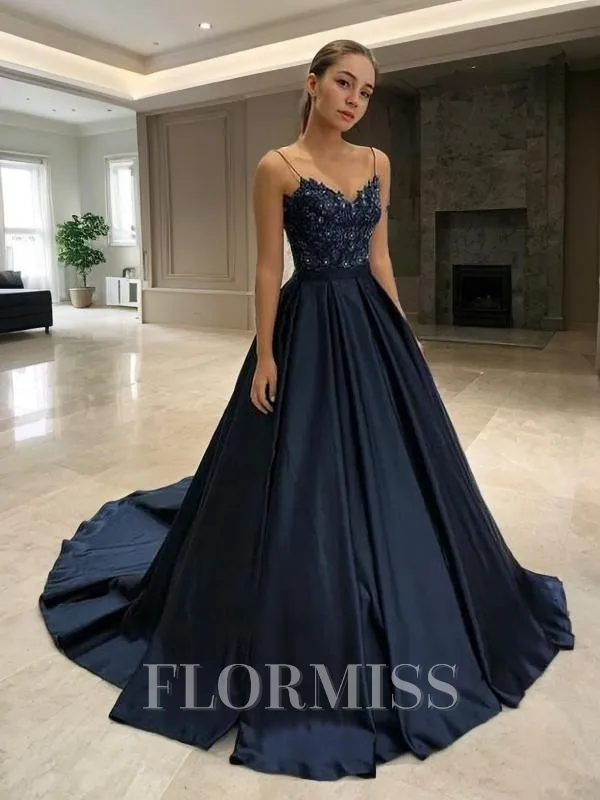 A-Line/Princess V-neck Sweep Train Satin Prom Dress With Appliques Lace