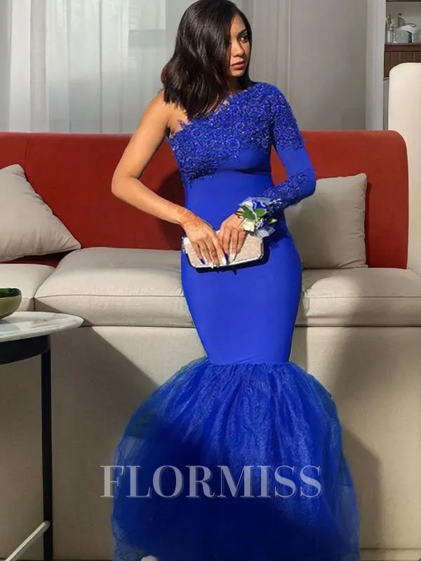 Trumpet/Mermaid One-Shoulder Floor-Length Stretch Crepe Prom Dress With Appliques Lace