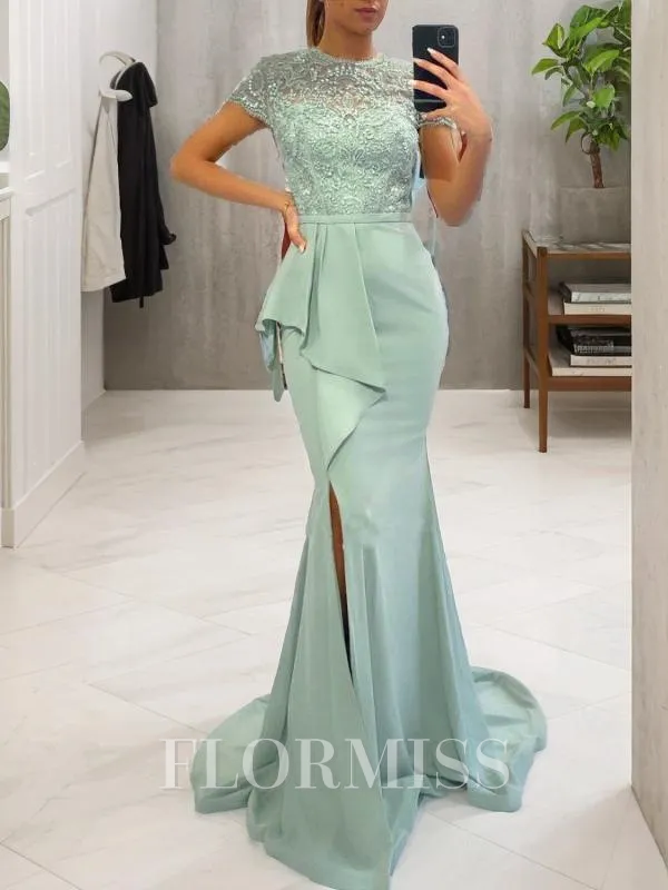 Sheath/Column Scoop Sweep Train Stretch Crepe Prom Dress With Leg Slit