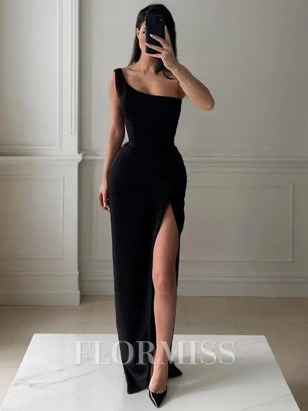 Sheath/Column One-Shoulder Floor-Length Stretch Crepe Prom Dress With Leg Slit