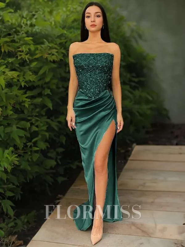 Sheath/Column Strapless Sweep Train Sequins Prom Dress With Leg Slit