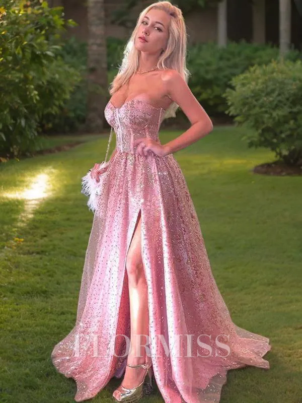 A-Line/Princess Sweetheart Sweep Train Prom Dress With Leg Slit