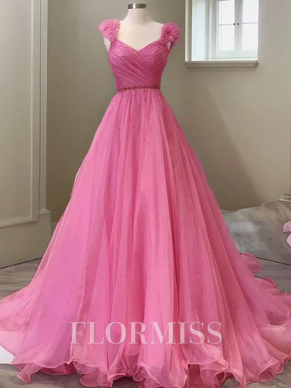A-Line/Princess V-neck Sweep Train Organza Prom Dress With Ruffles