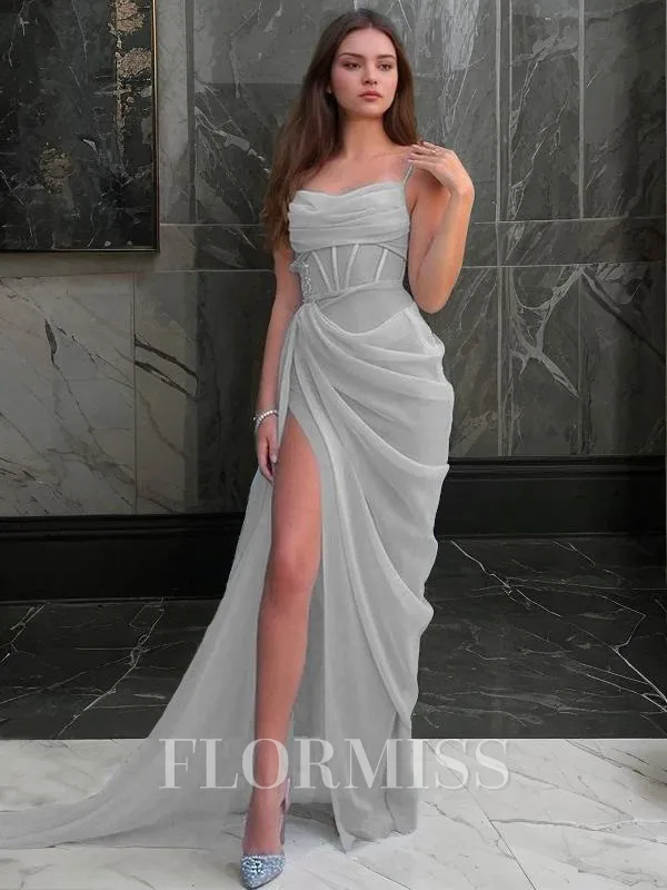 Sheath/Column Spaghetti Straps Sweep Train Organza Prom Dress With Leg Slit