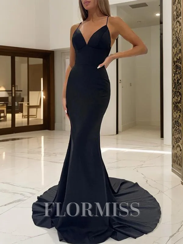 Sheath/Column V-neck Sweep Train Stretch Crepe Prom Dress