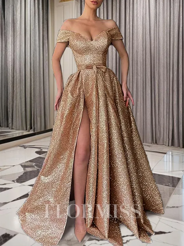 A-Line/Princess Off-the-Shoulder Sweep Train Sequins Prom Dress With Leg Slit