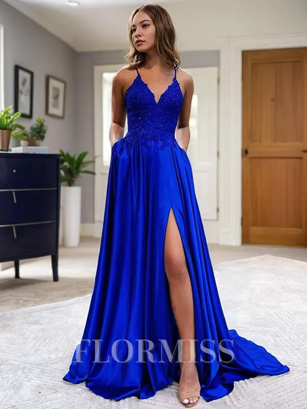 A-Line/Princess V-neck Sweep Train Silk Like Satin Prom Dress With Pockets