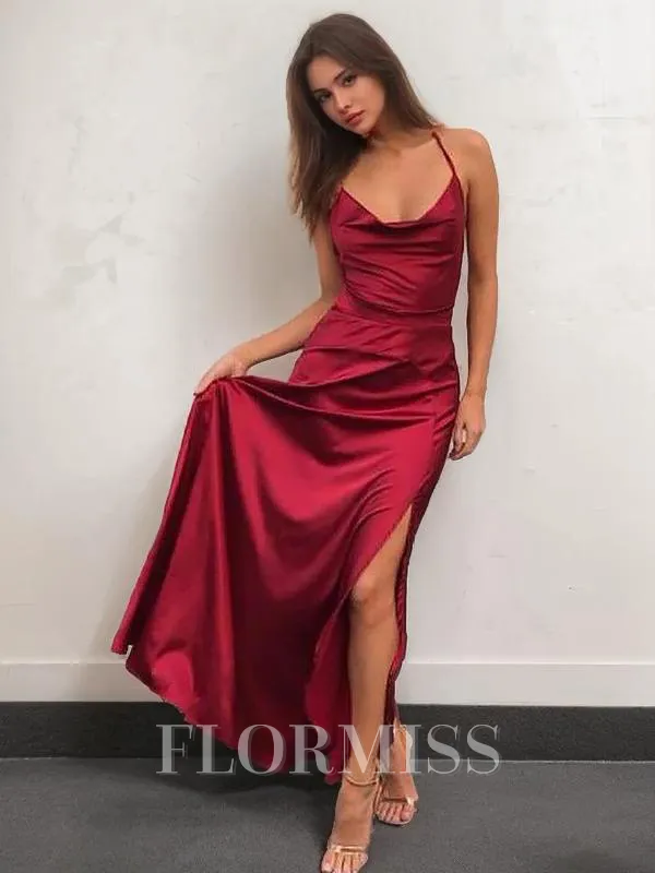 A-Line/Princess Spaghetti Straps Floor-Length Silk Like Satin Prom Dress With Leg Slit