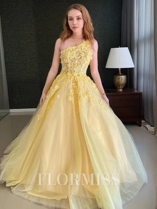 A-Line/Princess One-Shoulder Sweep Train Tulle Prom Dress With Appliques Lace