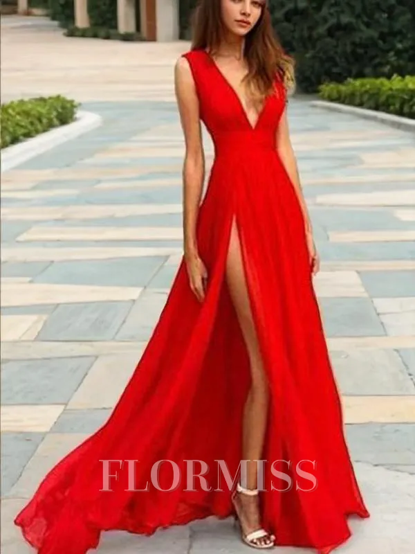 A-Line/Princess V-neck Sweep Train Chiffon Prom Dress With Leg Slit
