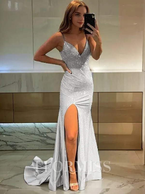 Sheath/Column V-neck Sweep Train Jersey Prom Dress With Leg Slit