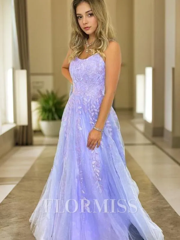 A-Line/Princess Spaghetti Straps Sweep Train Tulle Prom Dress With Appliques Lace
