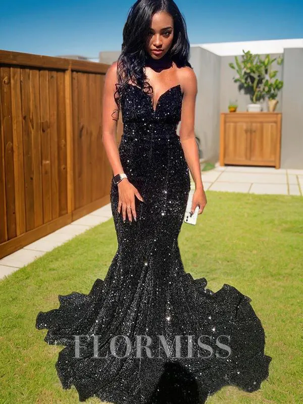 Trumpet/Mermaid Sweetheart Sweep Train Velvet Sequins Prom Dress With Ruffles