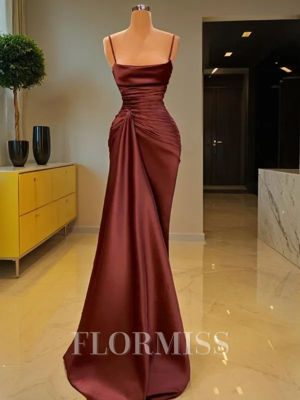 Sheath/Column Spaghetti Straps Floor-Length Silk Like Satin Prom Dress With Ruffles