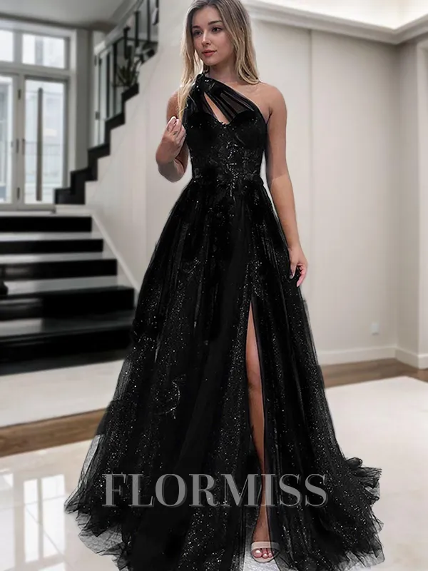 A-Line/Princess One-Shoulder Sweep Train Tulle Prom Dress With Leg Slit