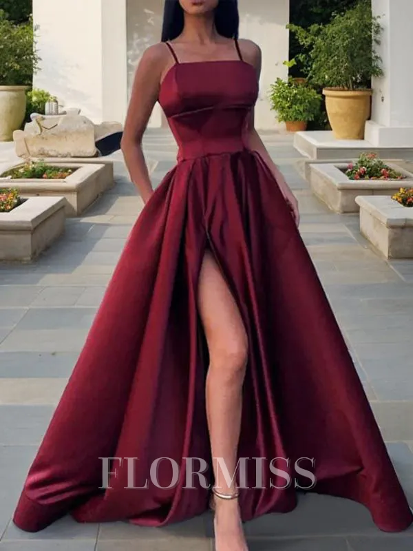 A-Line/Princess Spaghetti Straps Floor-Length Satin Prom Dress With Leg Slit